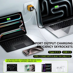 3 in 1 Gan Charger Retractable 80W MAX Fast Charger Block with Type-C Cable 2USB Ports Portable Adapter Mobile Phone Charger New