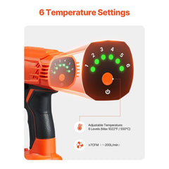 VEVOR Cordless Heat Gun, Hot Air Gun Compatible with DEWALT 20V Lithium Batteries, Max 1022℉ Heat Shrink Gun with LED Light, 6 Temp & 4 Nozzles, Ideal for Shrink Tubing, PVC Wrapping, Paint Removal