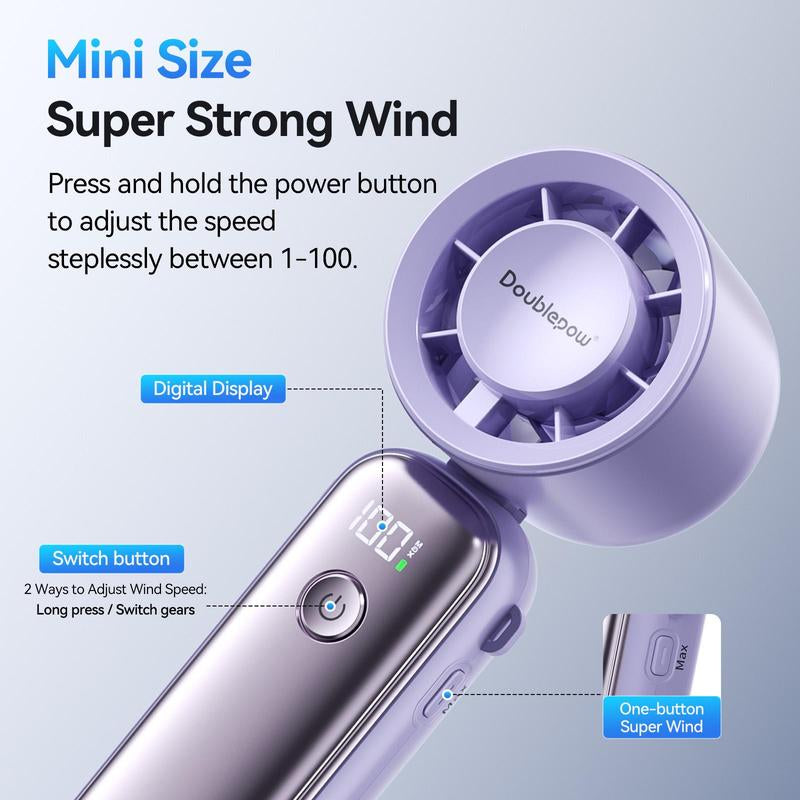 DOUBLEPOW USB-C Rechargeable Portable Handheld Fan, Multifunctional 1-100-Speed Airflow Wind Speed Fan, Foldable & Hanging Neck Fan for Home, Travel, and School