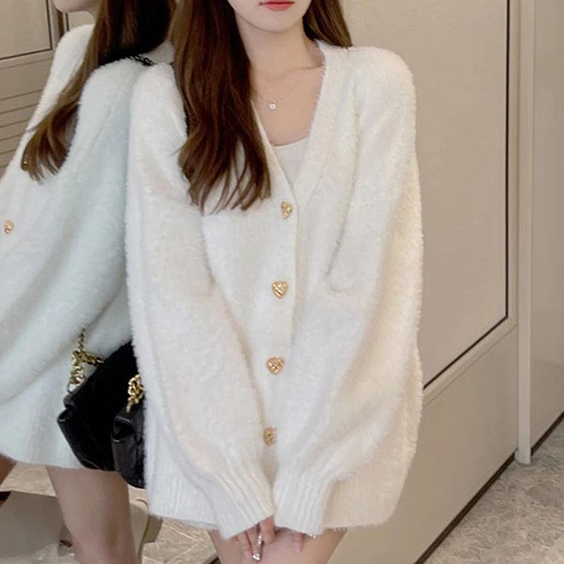 White Heart Buttons Mink Cashmere Cardigan V Neck Autumn Winter Vintage Lantern Sleeve Knit Sweaters Soft Women Hairy Loose O213