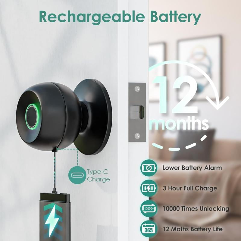 Fingerprint Door Lock, Smart Fingerprint Door Knob, Biometric Door Knobs with App Control, Auto Lock Door Lock with Code, Keyless Door Knob with Locks for Bedroom, Home,Office Fathersdaygift