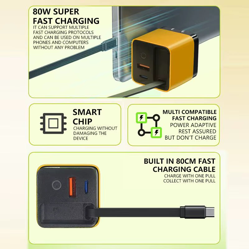 3 in 1 Gan Charger Retractable 80W MAX Fast Charger Block with Type-C Cable 2USB Ports Portable Adapter Mobile Phone Charger New