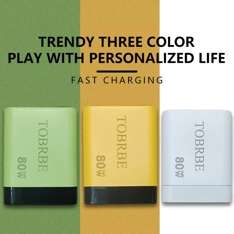 3 in 1 Gan Charger Retractable 80W MAX Fast Charger Block with Type-C Cable 2USB Ports Portable Adapter Mobile Phone Charger New