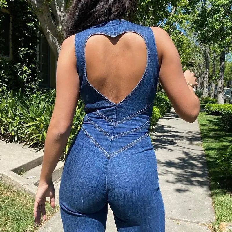 Women Backless Heart Bodycon Denim Jumpsuits Lady Sexy Sleeveless Slim One-Piece Outfits Female Retro Wide Leg Flare Rompers
