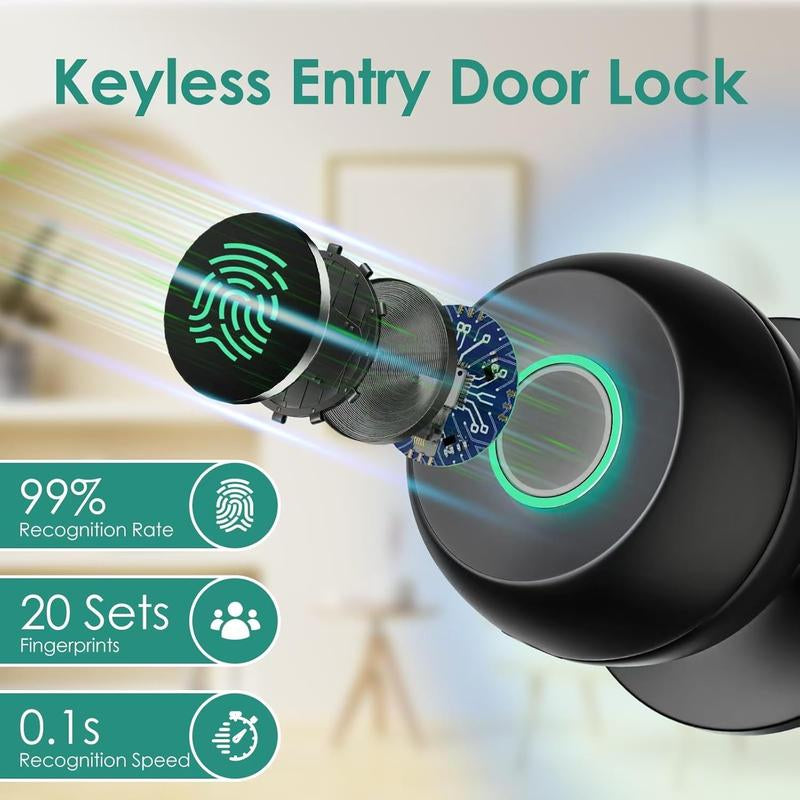 Fingerprint Door Lock, Smart Fingerprint Door Knob, Biometric Door Knobs with App Control, Auto Lock Door Lock with Code, Keyless Door Knob with Locks for Bedroom, Home,Office Fathersdaygift