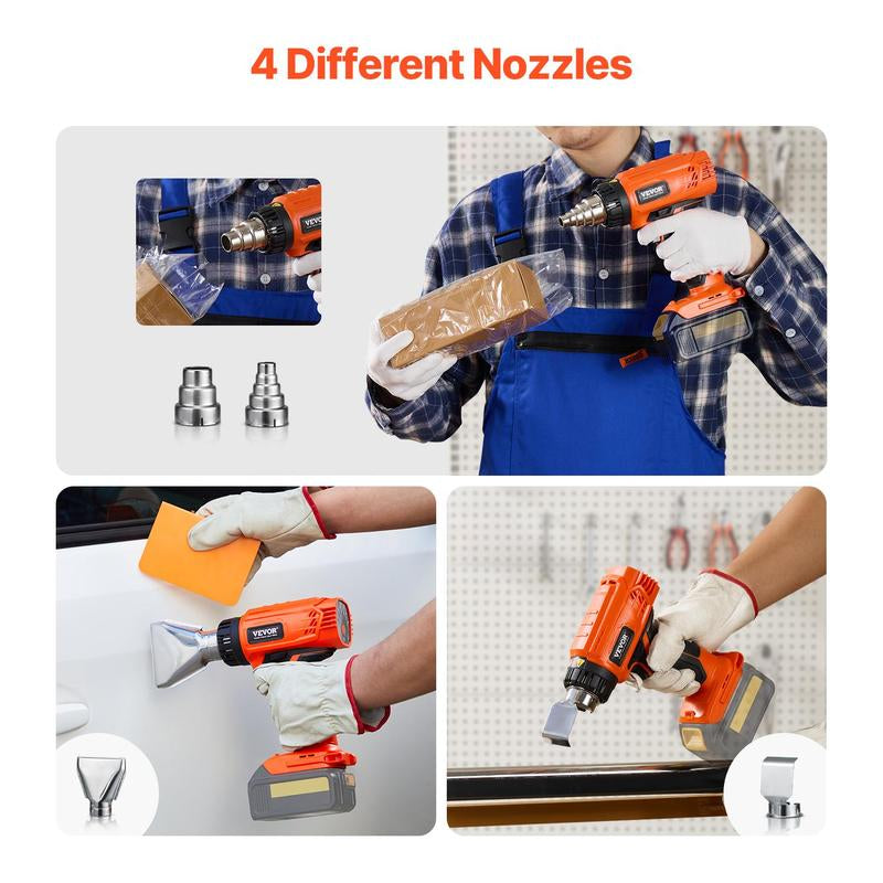 VEVOR Cordless Heat Gun, Hot Air Gun Compatible with DEWALT 20V Lithium Batteries, Max 1022℉ Heat Shrink Gun with LED Light, 6 Temp & 4 Nozzles, Ideal for Shrink Tubing, PVC Wrapping, Paint Removal