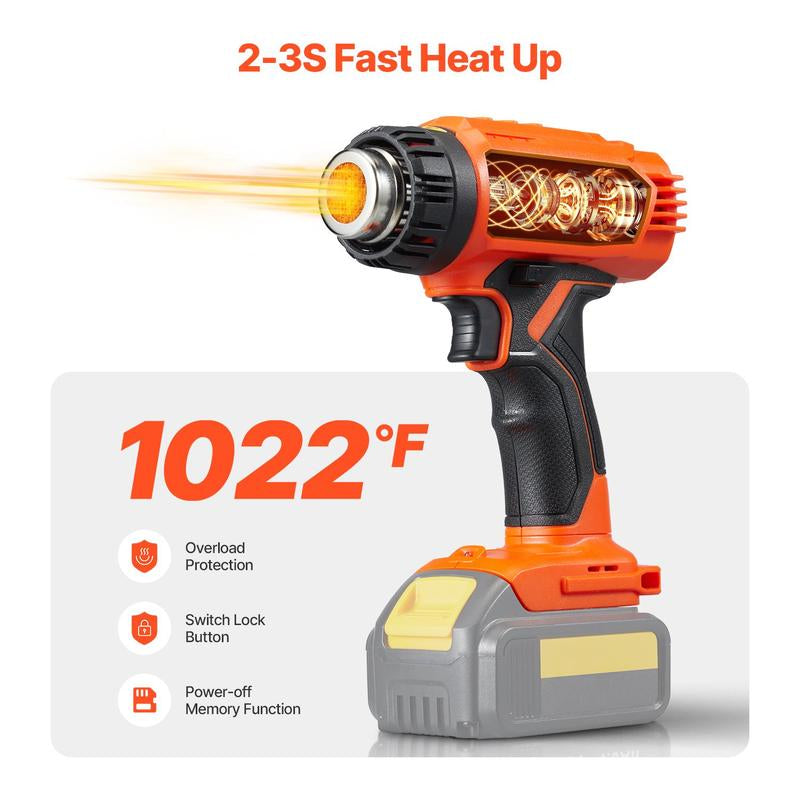 VEVOR Cordless Heat Gun, Hot Air Gun Compatible with DEWALT 20V Lithium Batteries, Max 1022℉ Heat Shrink Gun with LED Light, 6 Temp & 4 Nozzles, Ideal for Shrink Tubing, PVC Wrapping, Paint Removal