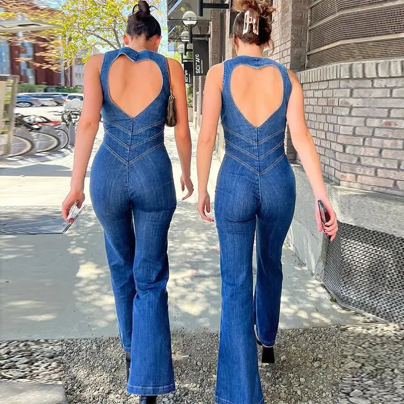 Women Backless Heart Bodycon Denim Jumpsuits Lady Sexy Sleeveless Slim One-Piece Outfits Female Retro Wide Leg Flare Rompers
