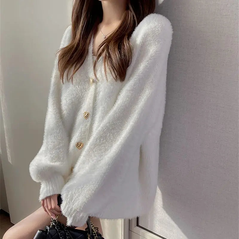 White Heart Buttons Mink Cashmere Cardigan V Neck Autumn Winter Vintage Lantern Sleeve Knit Sweaters Soft Women Hairy Loose O213