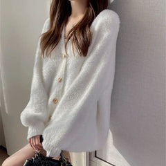 White Heart Buttons Mink Cashmere Cardigan V Neck Autumn Winter Vintage Lantern Sleeve Knit Sweaters Soft Women Hairy Loose O213