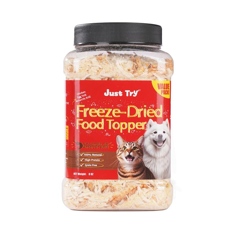 Just Try Freeze-Dried Food Topper for Puppies and Adult Dog & Cat - Made with Real Chicken, Egg Yolk and Antarctic Krill, All Natural, Grain Free - 8 OZ